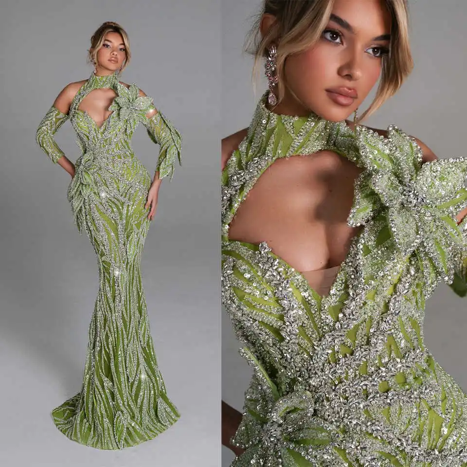 

Luxury Mermaid Evening Dress Rhinestone Beaded 3D Appliques Halter Neck Prom Gowns Sequins Sweep Train Party Dresses Customized