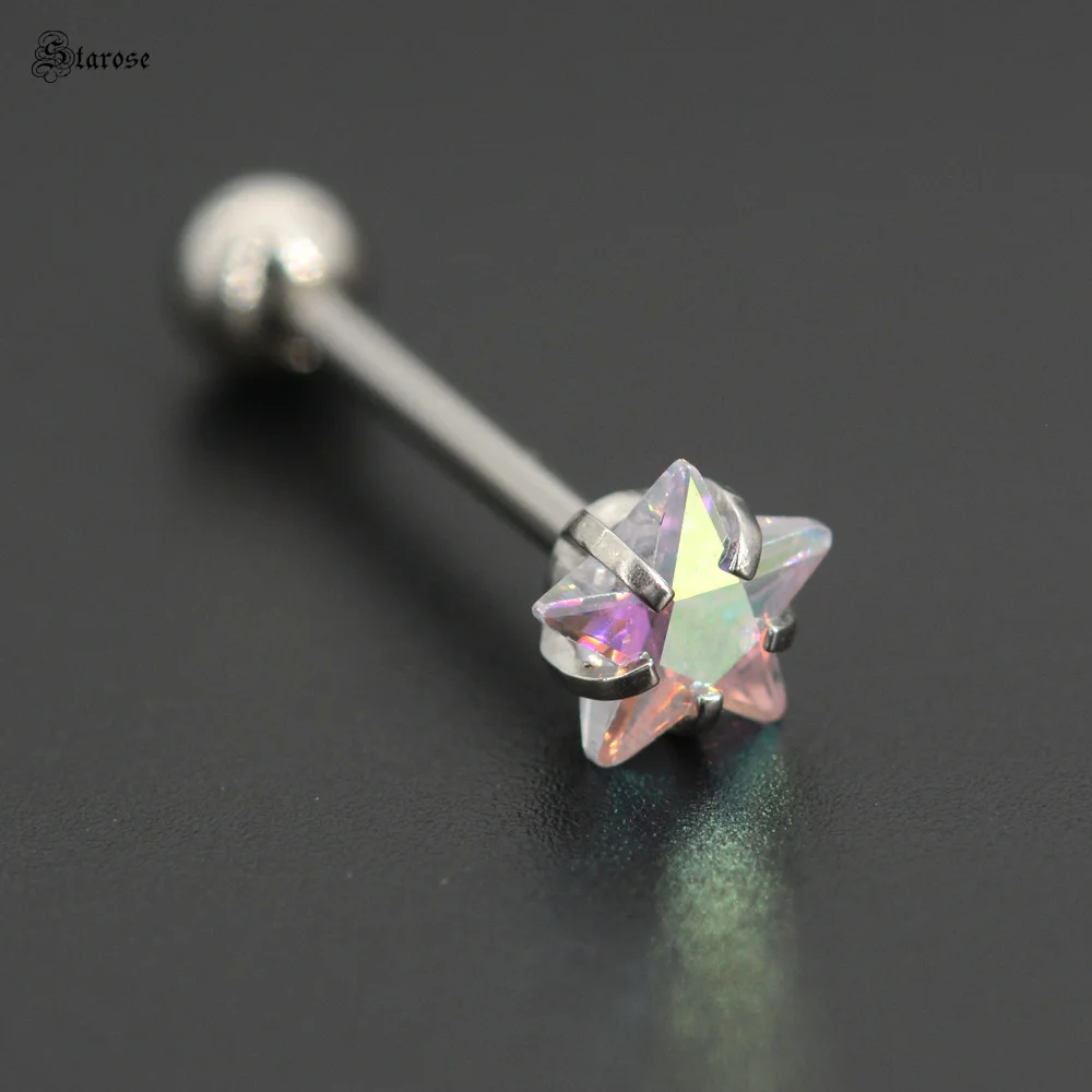 1 قطعة كريستال ستار جولة القلب اللسان ثقب المجوهرات الزركون الحديد حلقات اللسان الفولاذ المقاوم للصدأ الصناعية ثقب الكرة النهاية