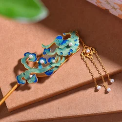 Ancient gold craft natural Hotan Jade hair jewelry for women Enamel auspicious cloud pearl tiara Court style hanfu accessories