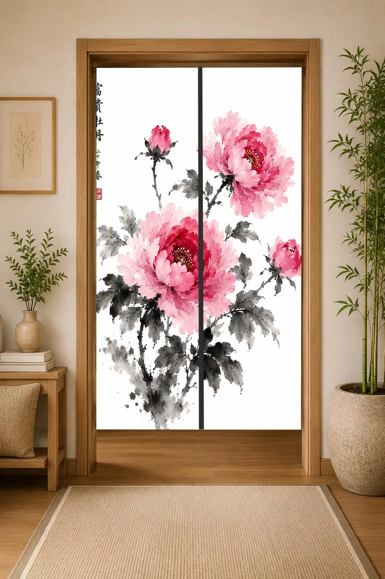 Large Watercolor Peony Floral Design Room Divider Curtain Screen for Home Decor Interior Partition