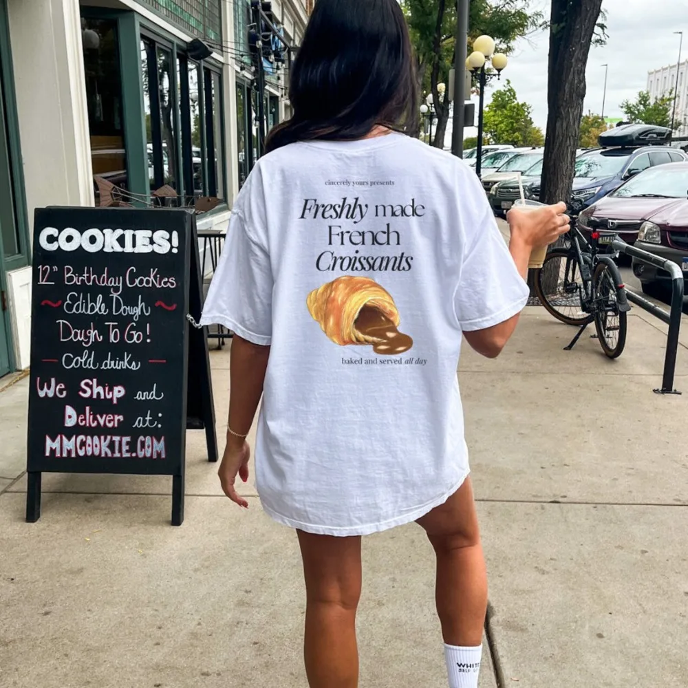Freshly Made French Croissants Oversized Shirt Retro Breakfast Lover Tops Food Chocolate 90s Graphic Tee Student Wellness Tops