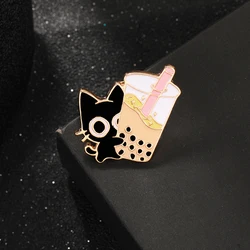 Cute Cat Hold Bubble Tea Enamel Pins Black Kitten Brooches Wholesale Gift For Pet Lovers