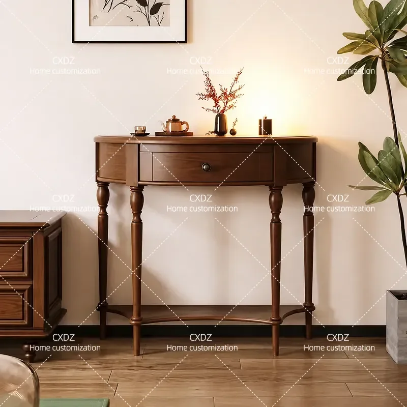 Small Apartment Semi Round Wall Cabinet Solid Wood Entryway Locker Entrance Table Console for Hallway Aisle Storage Platform