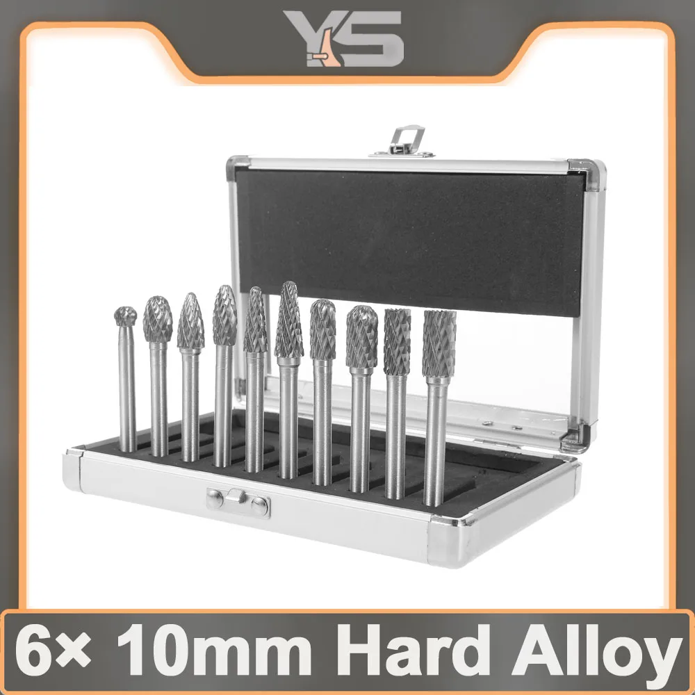 10PCS 6X10mm Hard Alloy 8pcs/Set 1/4 Inch 6mm Tungsten Carbide Burr Bits Rotary Files CNC Engraving Tool Set For Power Tool