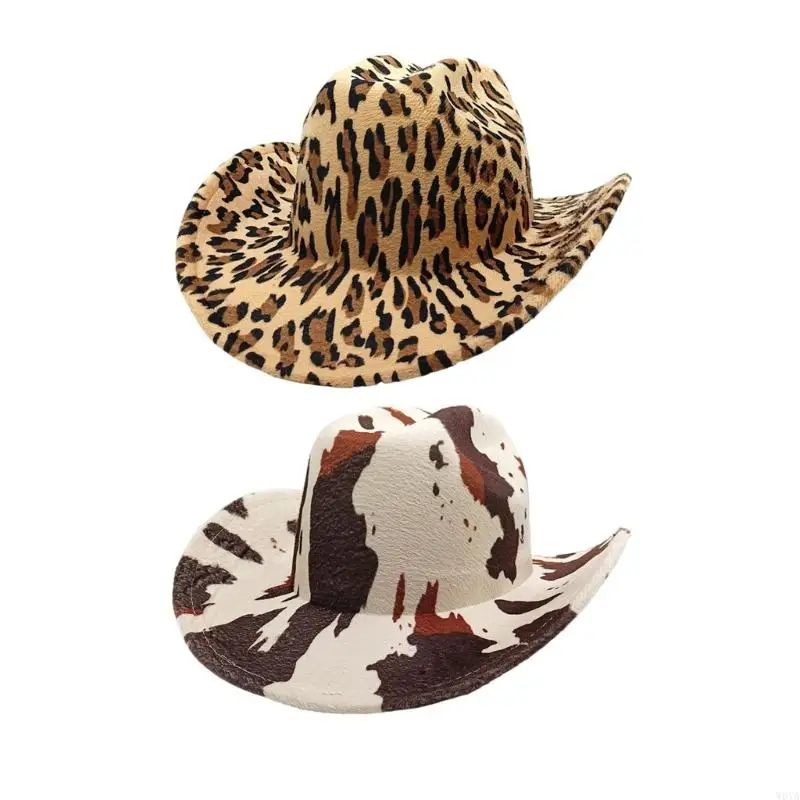 W0YA Multiuse Western Fedoras Hat Leopard Patten for Music Festival and Daily Outfit