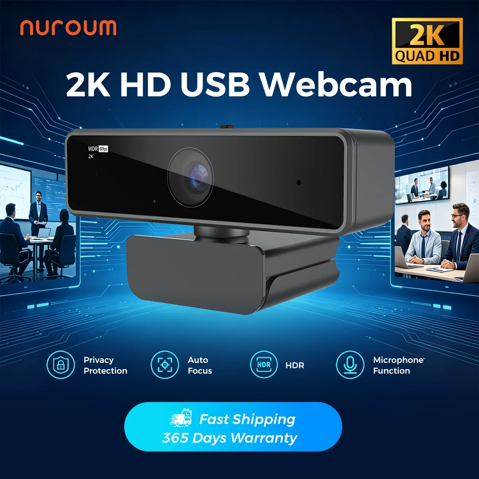 NUROUM V11 Webcam 2K avec double microphone 1080P 60fps 1440P 30fps FHD Mini caméra web USB pour PC portable