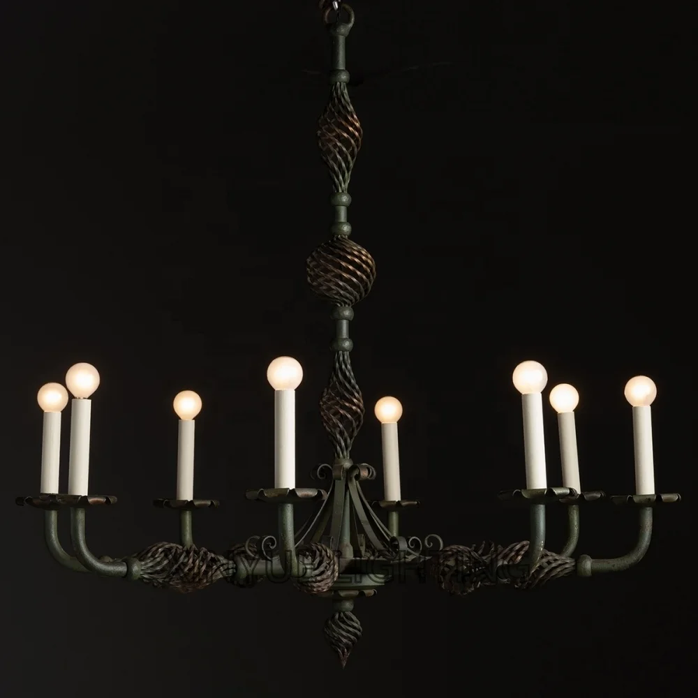 

Custom Rustic Antique Original Green Paint Curved Wrought Iron Lighting Pendant Lights Indoor Ceiling Lamps Round Chandelier