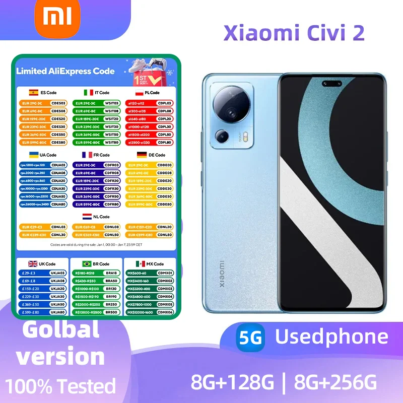 Xiaomi Civi 2 5G Android 6.55-inch RAM 8GB ROM 128GB Qualcomm Snapdragon 7 Gen1 used phone