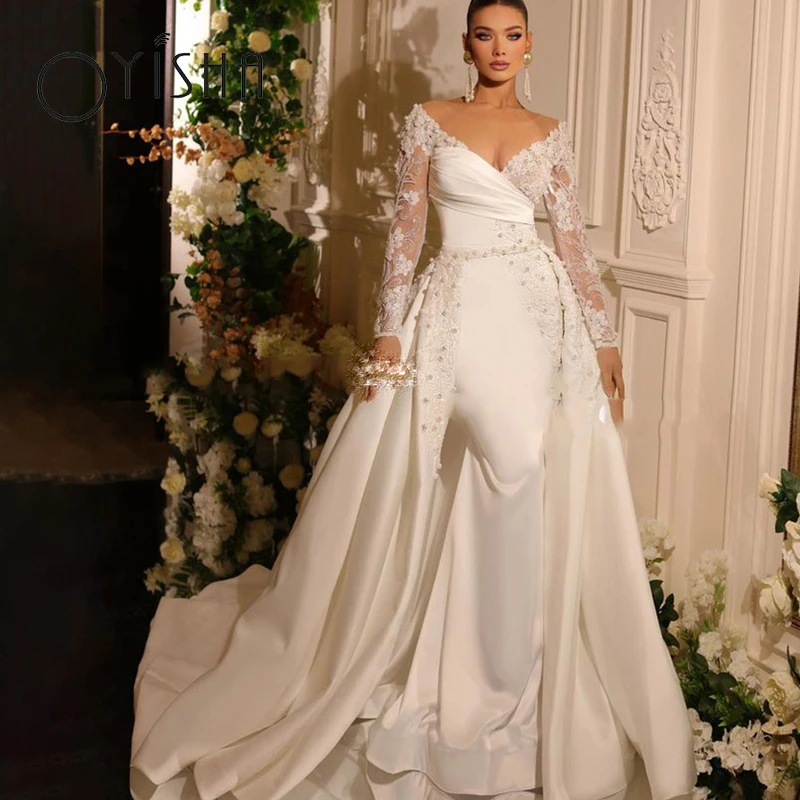 OYISHA Long Sleeve Appliques Wedding Dresses V-Neck Pleated Mermaid Bridal Gown Detachable Train Princess vestidos de noiva 2023