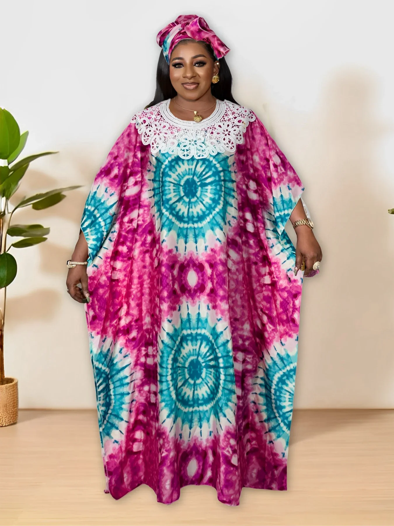 Plus Size Colorblock Tie Dye Pattern Kaftan Dress, Elegant Crew Neck Batwing Sleeve Maxi Dress, Women's Plus Size Clothing