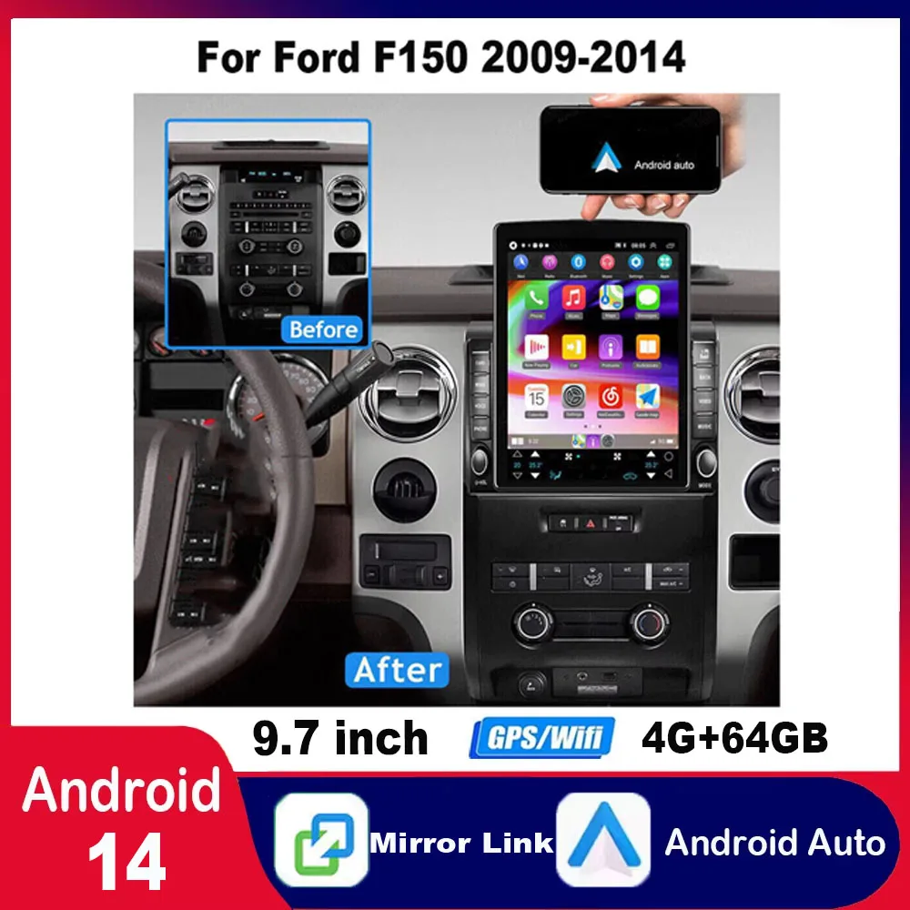 ملاحة سيارة Android 14 مقاس 9.7 بوصة (Little King Kong) مناسبة لـ CarPlay + Android Auto / 4 + 64G لـ 2009-2014 Ford F150