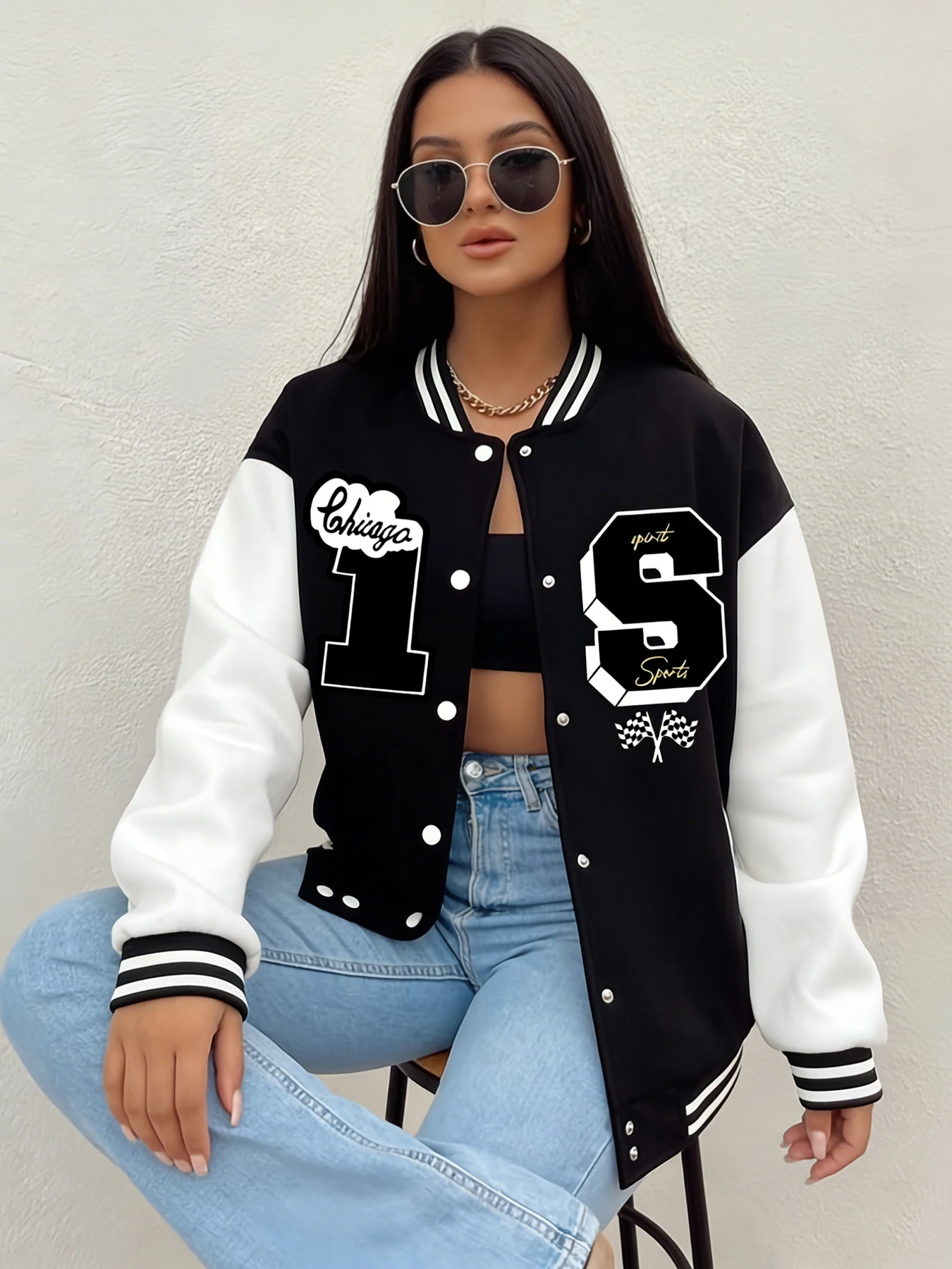 Women Chicago Number 1 Graphic Baseball Jacket Letter Print Loose Fit Varsity Coat Casual Street Fashion Daily Outfit Freece Top