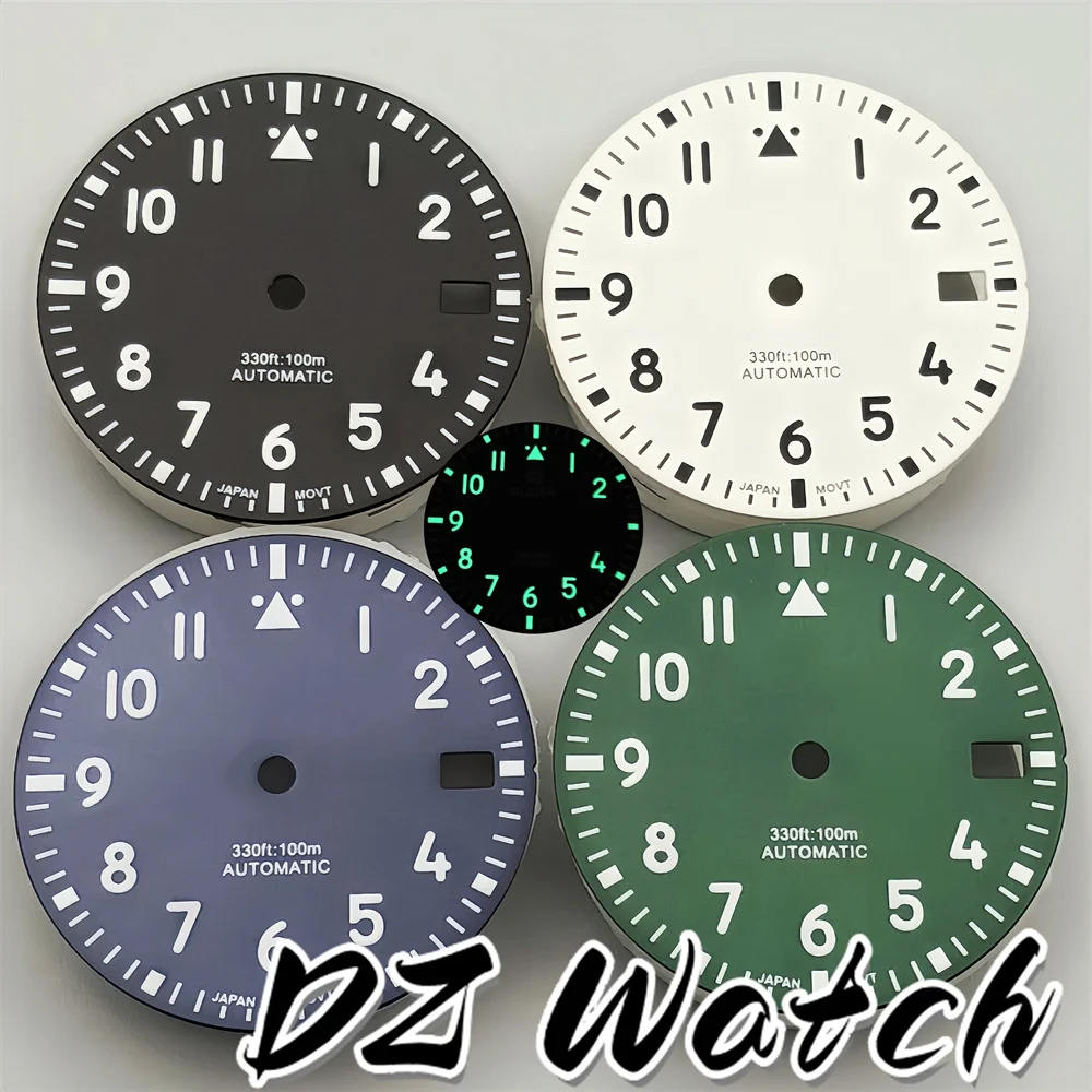 DZ classic pilot watch dial and hand set with green luminous 29mm black white blue green dial suitable for NH35 movement watches