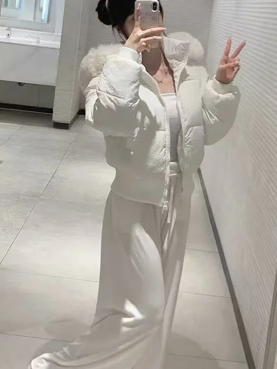 سترة قطنية قصيرة سميكة على الطراز الكوري للنساء، أنيقة ومتعددة الاستخدامات مع سحاب مزدوج وياقة فرو وغطاء للرأس وحزام خصر #3