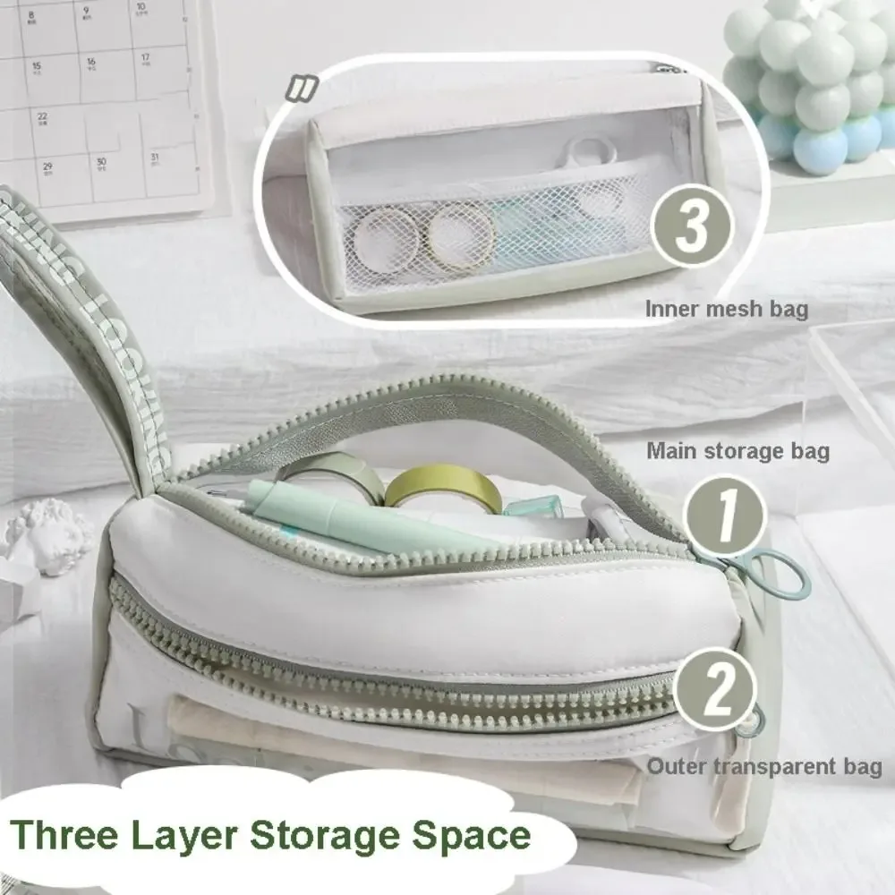 Estojo transparente de 3 camadas, grande capacidade, armazenamento portátil, caixa de papelaria, multifuncional, leve, simples, bolsa de papelaria