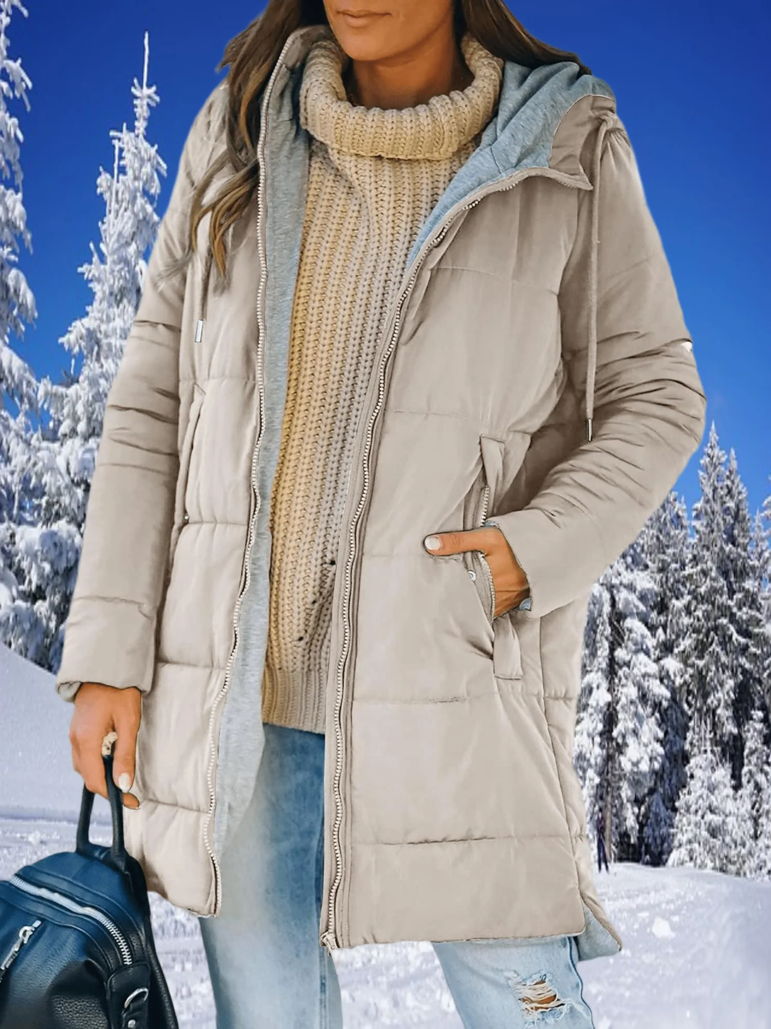 

Womens Warm Puffer Down Jacket Hooded Winter Warm Mid Quilted Coat with Pockets