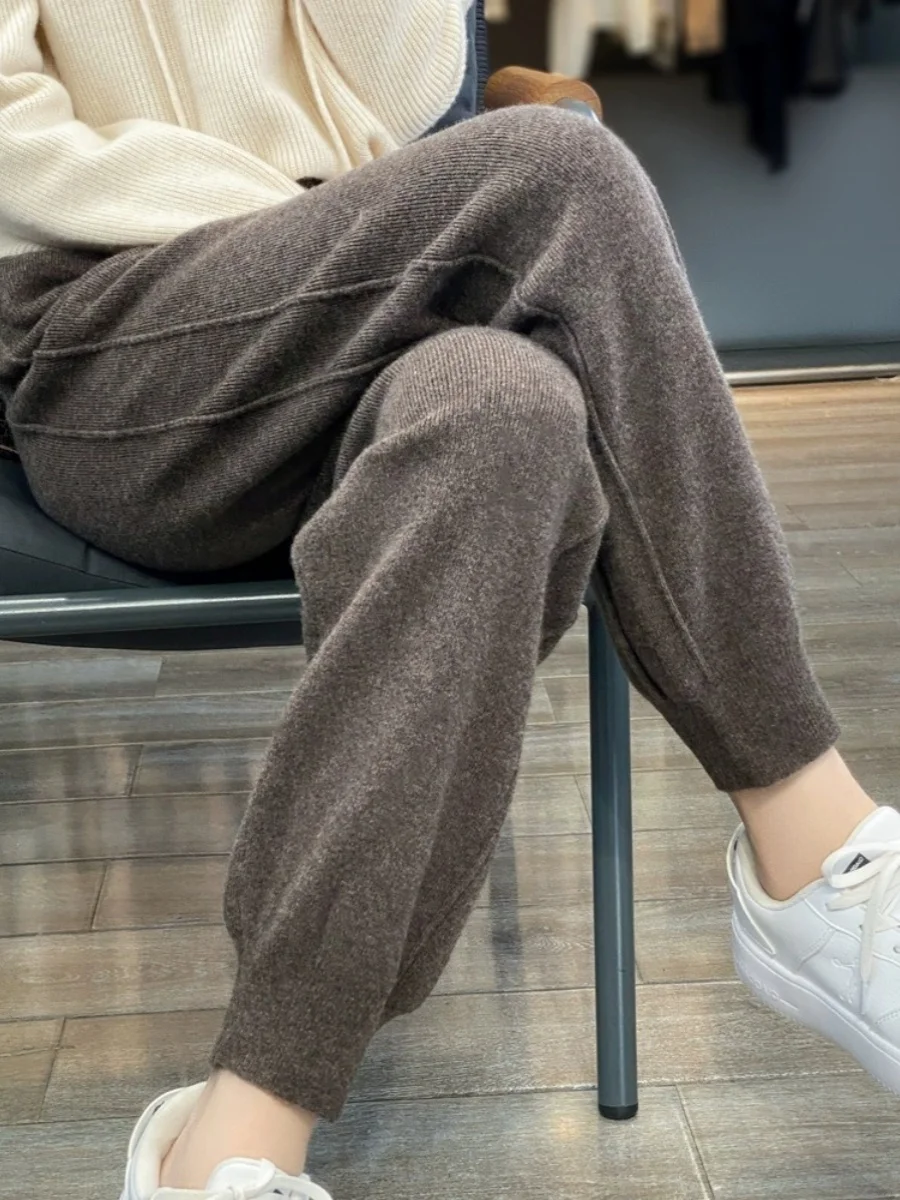 

Облегающие брюки с высокой талией, женские повседневные брюки с эластичной резинкой на талии, прямые шерстяные вязаные утягивающие брюки с базовым слоем