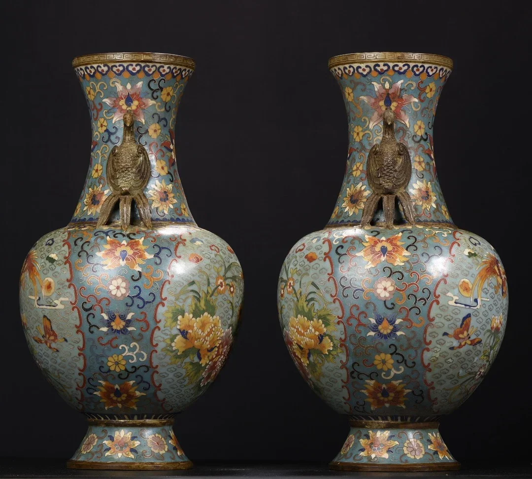 

16"Old Nepalese temples Old Bronze Cloisonne Enamel Phoenix Peony Pattern Phoenix Ear Bottle Vase A Pair Worship Hall