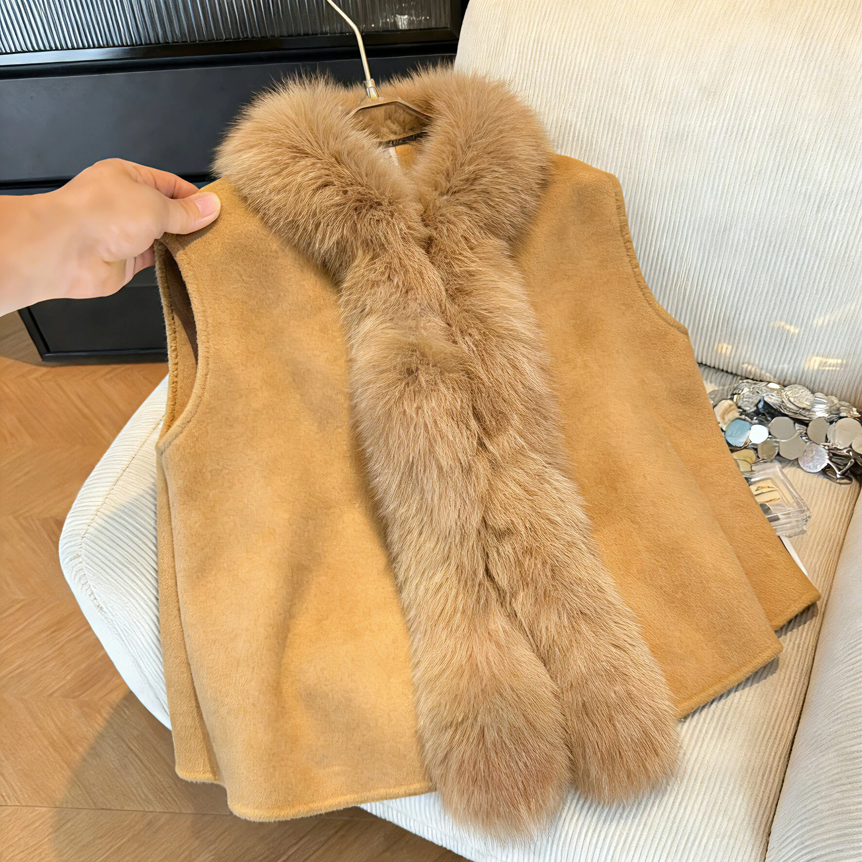 French Gentle Style Khaki Plush Collar Patchwork Vest Jacket for Women Spring Autumn Korean Style Versatile Sleeveless Vest Coat