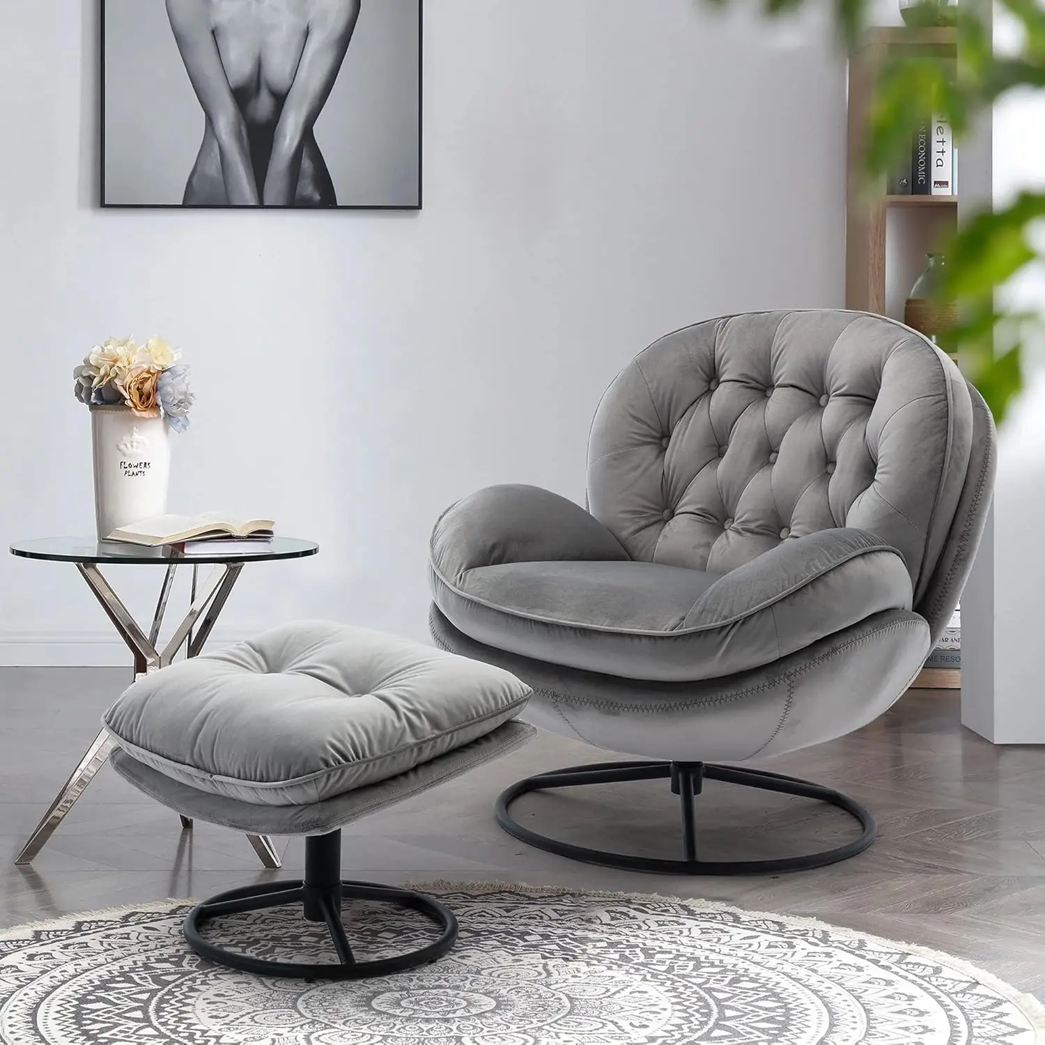 

Velvet Swivel Accent Chair with Ottoman Set Modern Lounge Chair with Footrest Comfy Armchair Home Office Grey