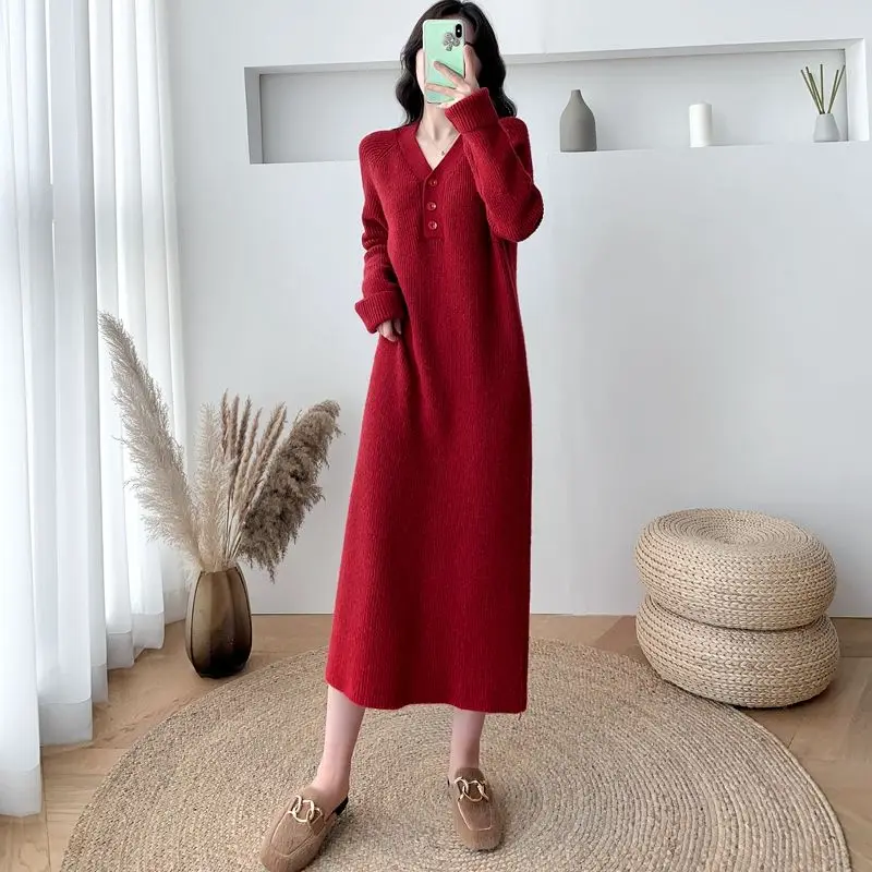 

Fashionable and Stylish Dress For Women 2023 Autumn/Winter New Elegant Loose V-neck Thickened Mid Length Versatile Knitted Skirt