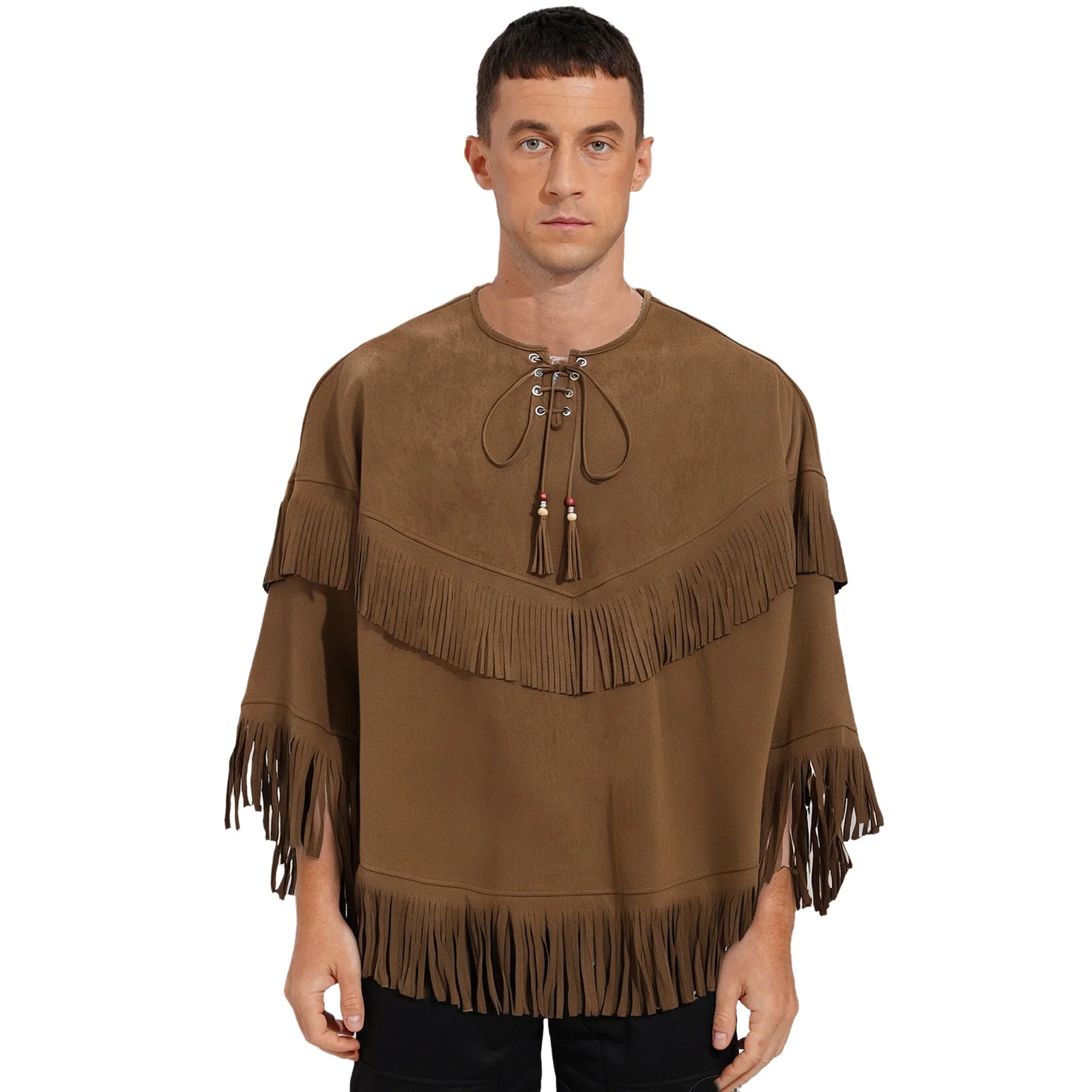 

Men Western Cowboy Cape Top Halloween Cavemen Tribe Faux Suede Tassel Cape Lace-up Fringe Pullover Cover Up for Raves Christmas