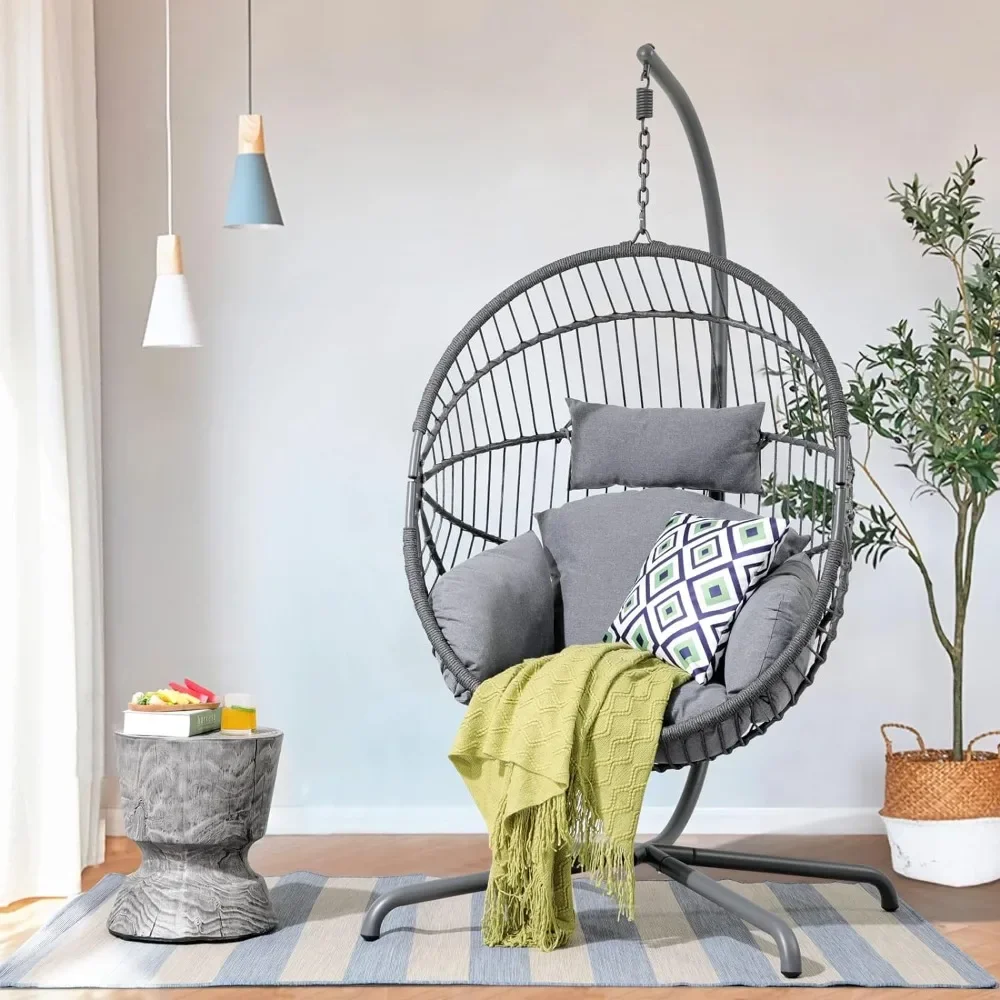 Indoor Outdoor Egg Swing Chair with Stand, Oversized Cocoon-Shaped Rope Woven Hanging Chair W/Cushion,Safety Strap Wicker,(Grey)