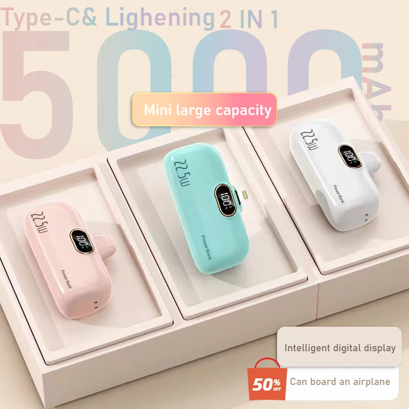 5000mAh Power Bank Mini Capsule Fast Charging Mobile Power Supply Emergency External Battery Built Type-c IPhone Cable