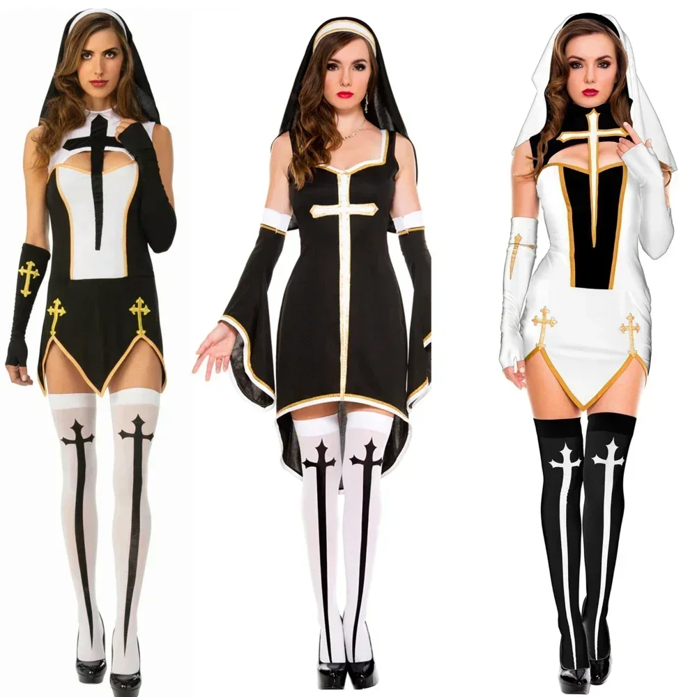 2025 Halloween Sexy señora monja disfraz Superior carnaval Halloween iglesia convento religioso Cosplay vestido de fiesta elegante
