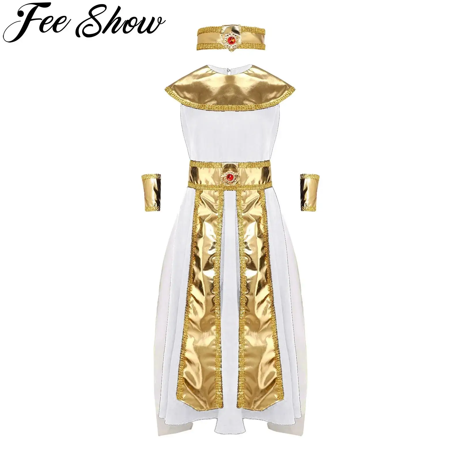 أزياء فرعون الملك الملك الملك الملك الملكة التأثيرية لحفلة الهالوين مصر القديمة كليوباترا الزي فستان معدني لامع