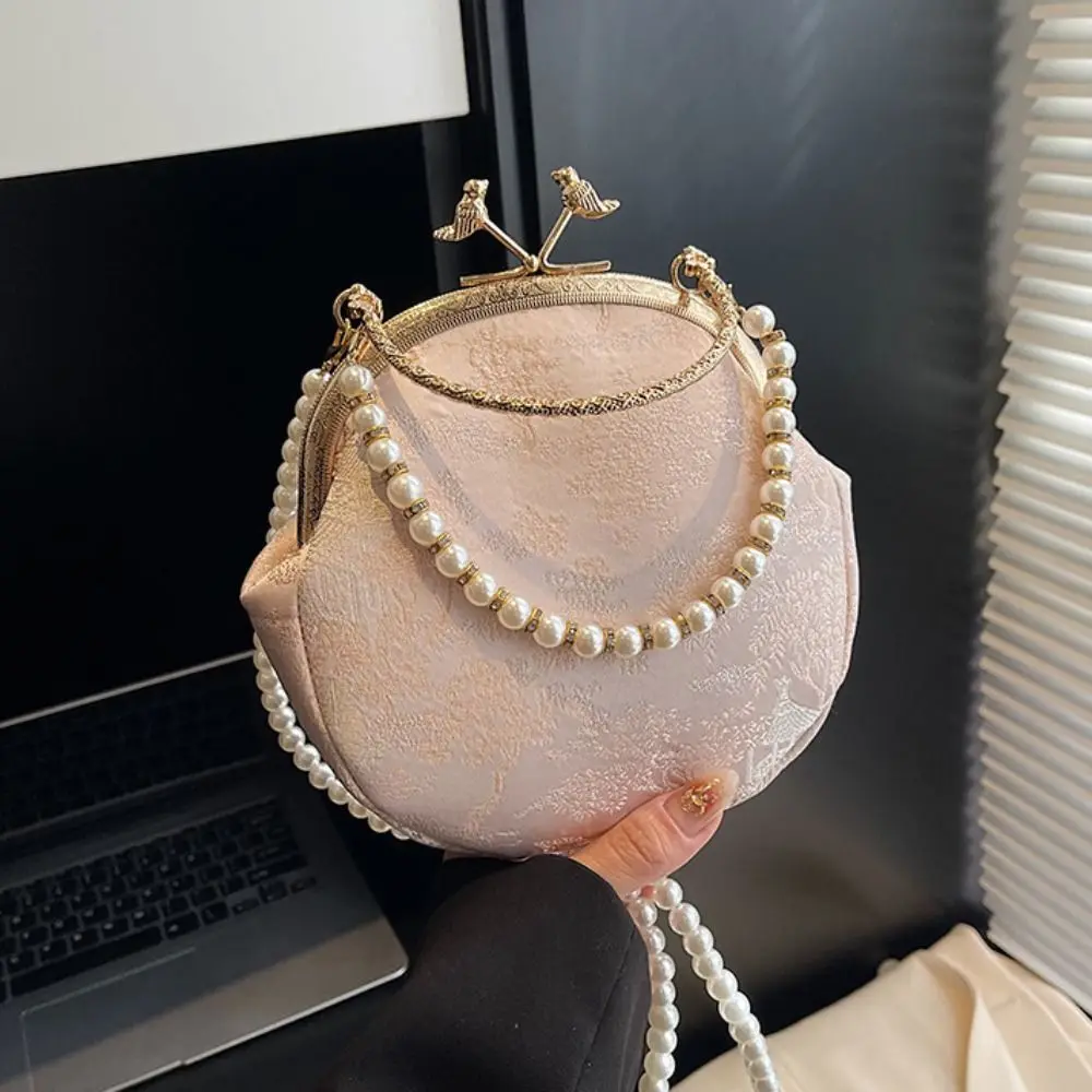 

Kiss Lock Chinese Style Handbag Cheongsam Accessories Elegant Embroidery Banquet Bag Pearl Single Shoulder Hanfu Clutch Bag