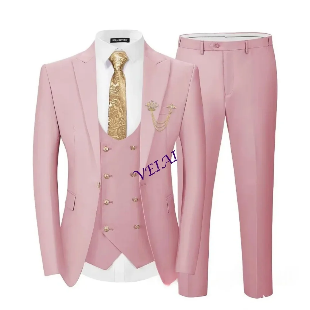 

Customized3 Pieces Suits for Men Slim Fit Gold Button Wedding Prom Solid Blazer Double Breasted Vest and Pants Tuxedo Set