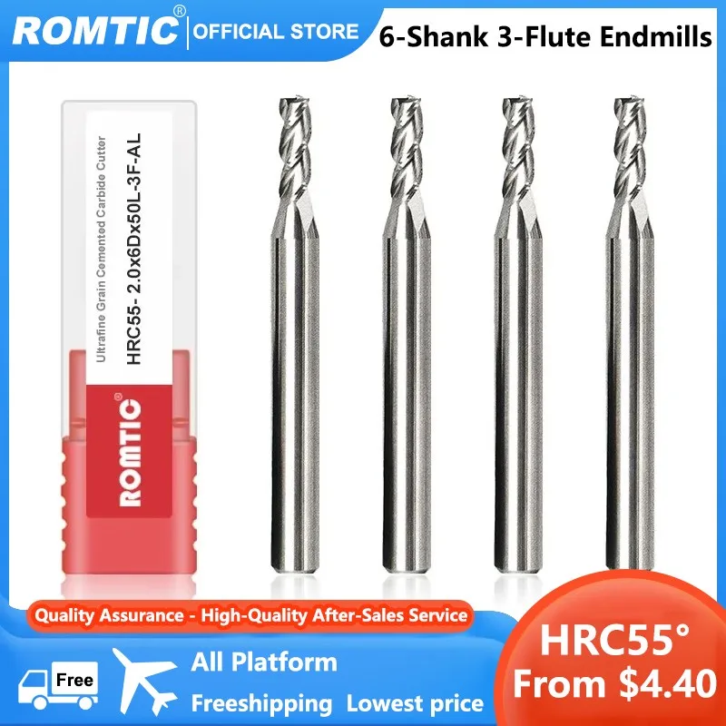 

ROMTIC 3-Flute Flat Milling Cutter High Gloss Tungsten Steel Carbide HRC55 6-Shank For Aluminum CNC Mechanical Center End Mill