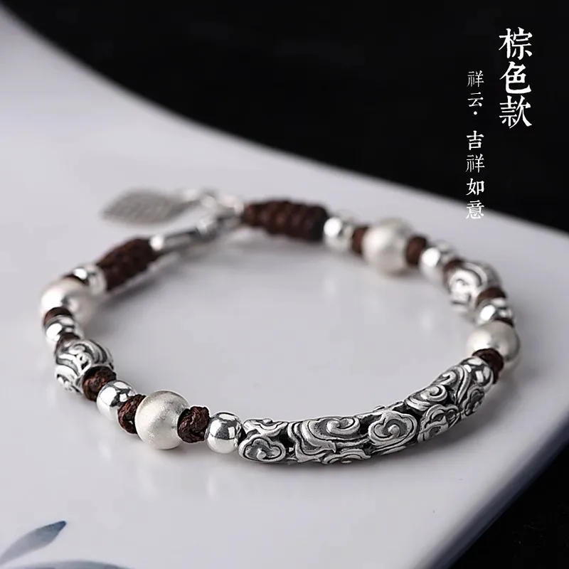 Ethnic Style Auspicious Clouds 925 Silver Bracelet Designer Original Couple Beaded Bangle Jewelry For Men Women