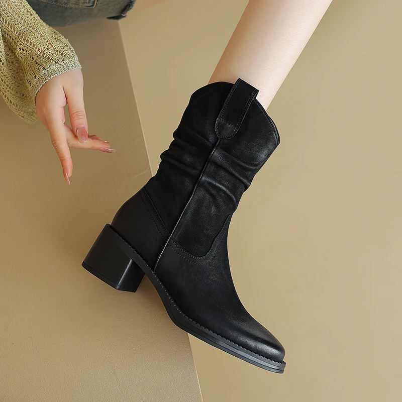 2024 New Autumn/Winter Women Boots Round Toe Chunky Heel Shoes Western Boots Zapatos De Mujer Ankle Boots Genuine Leather Shoes