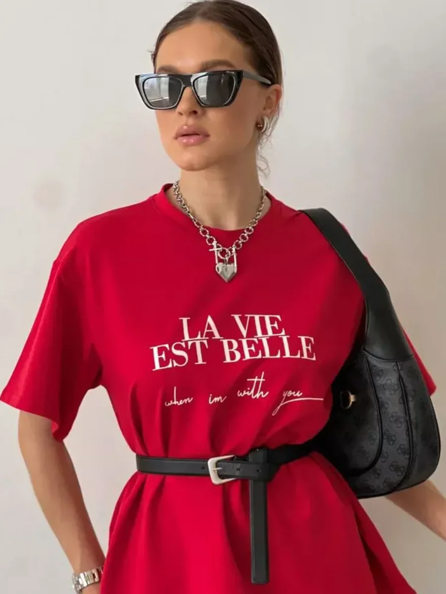 Camiseta americana de longitud media con estampado, moda coreana de verano, letras de personalidad urbana, camiseta versátil de algodón de manga corta para mujer