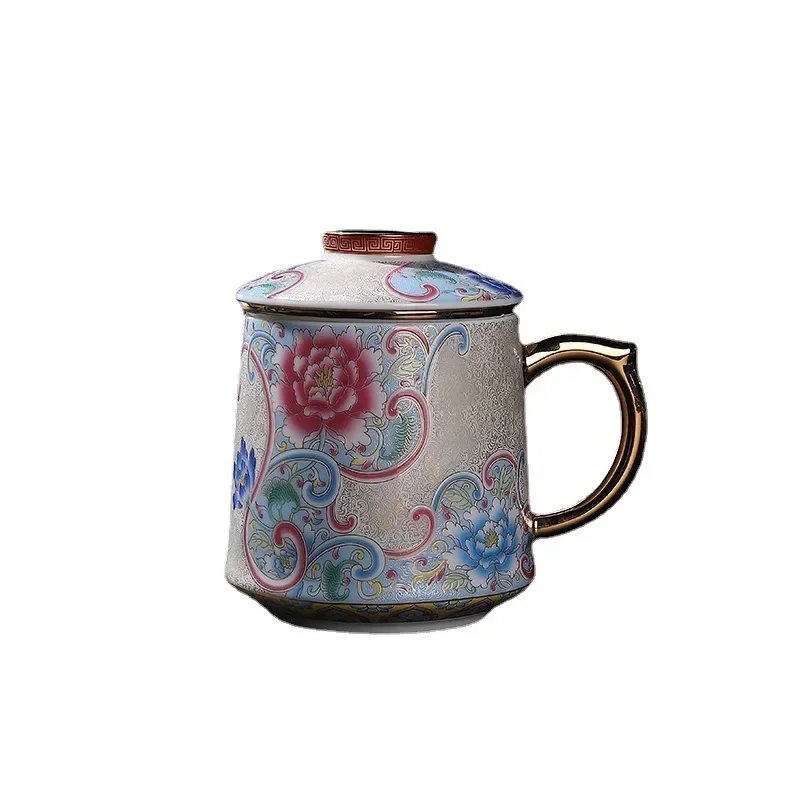 High-grade Filigree Silver Bai Chuan Cup Enamel Colored Tea Cup Retro Ceramic Tea Separation Filter Office Cup with Cover Gifts