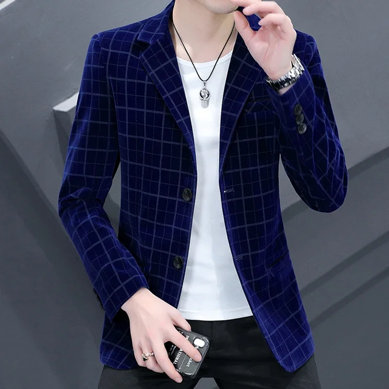 

2023 Men's Plaid Canary Suit Jacket Korean Wave Version Slim Fit Smart Casual Four Seasons Polyester Blazers Single Breasted