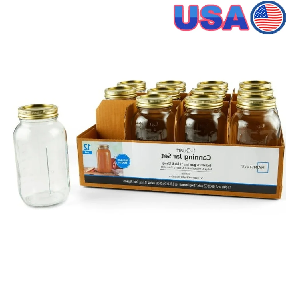 

12 Pack 32oz Glass Canning Jars with Gold Lids Regular Mouth Airtight Food Storage Jars Preserving