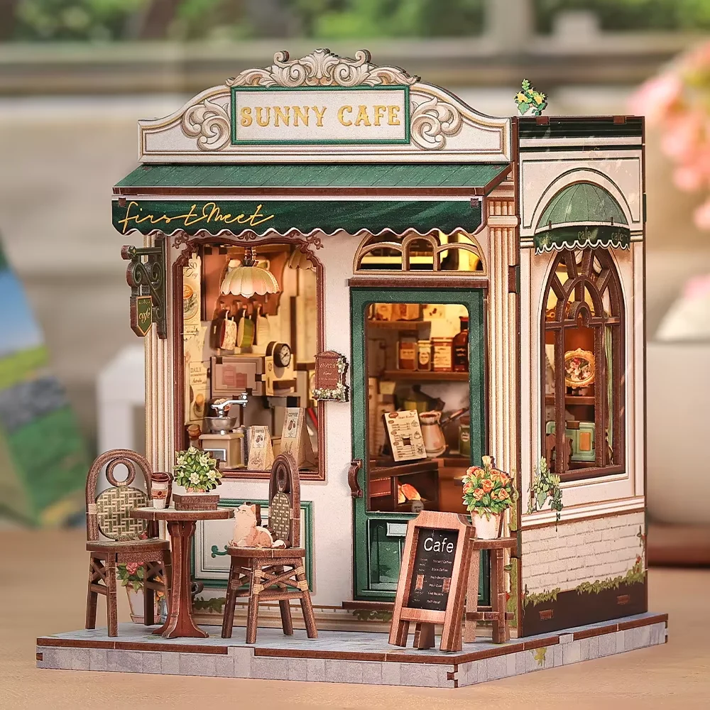 

CUTEBEE DIY Book Nook Kit Miniature Wooden Dollhouse with Lights Bookshelf Insert 3D Puzzle Decor Model Sunny Cafe for Kids Gift