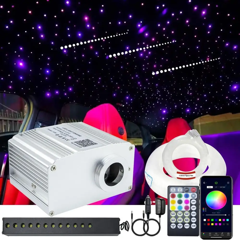 

10 Вт RGBW мерцающие оптоволоконные светильники Starlight с 550 оптоволоконными волокнами 0,03 дюйма, 13,1 фута, белые, с эффектом падающей звезды, звуковым и концевым свечением, оптоволоконные волокна AP