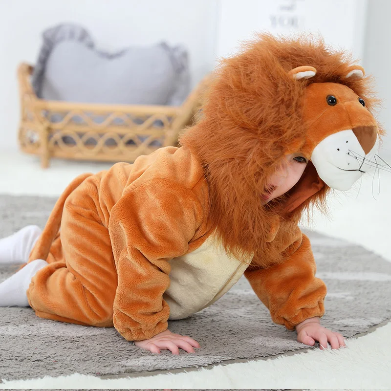 Umorden Animal King Lion Costume for Baby Boys Infant Toddler Hooded Romper Jumpsuit Flannel Furry Halloween Purim Fancy Dress