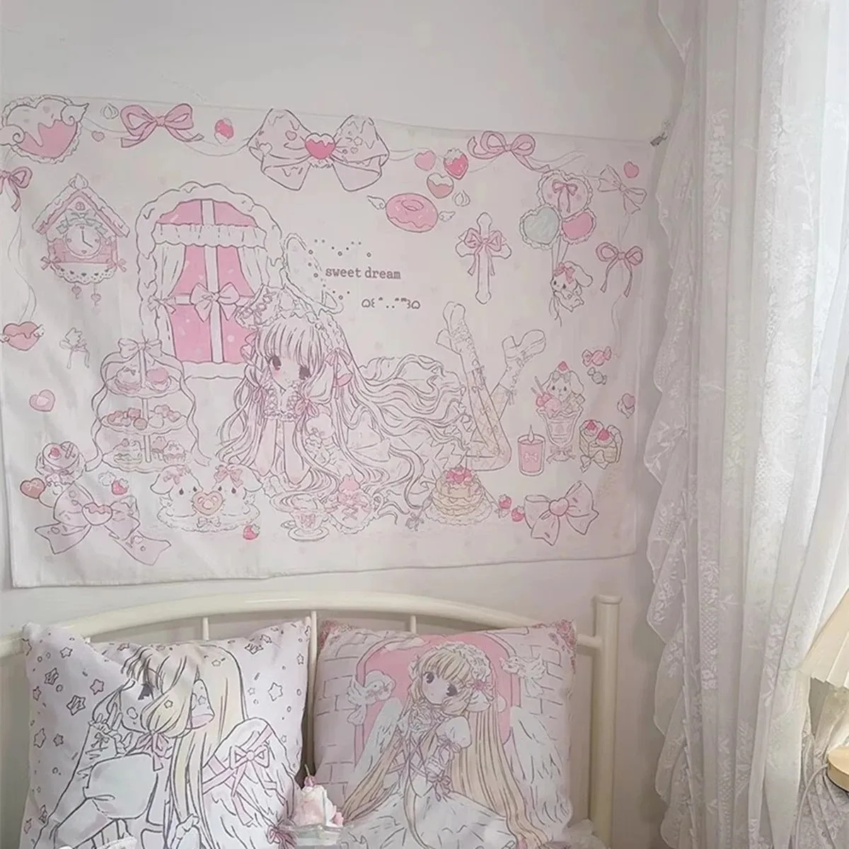 VIKAMA Pastel Lolita Girl Wall Tapestry Sweet Dessert Print Kawaii Hanging Backdrop Cute Line Art Dorm Bedroom Room Decor