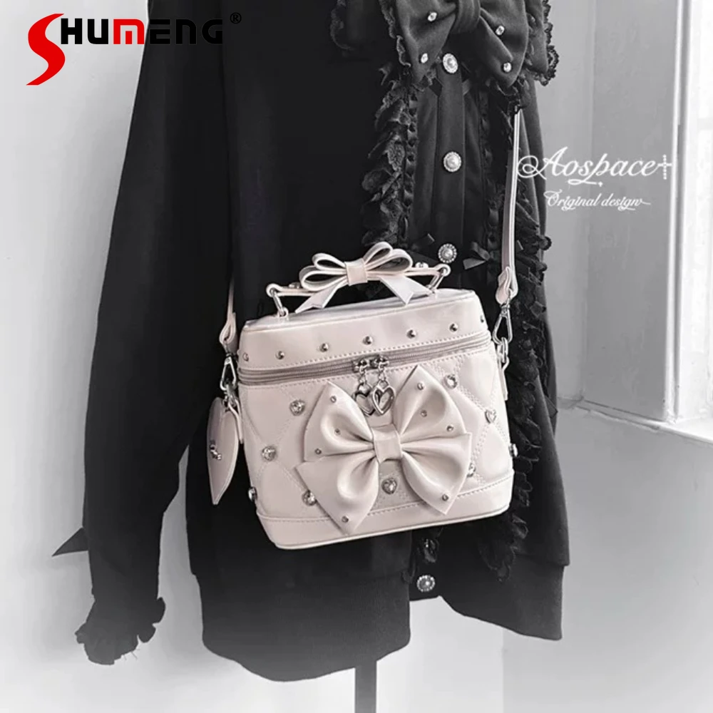 

Original Japanese Elegant Sweet Versatile Square Small Bag Heart Diamond Bow Kawaii Cute Lolita Portable Tote Bags Women Handbag