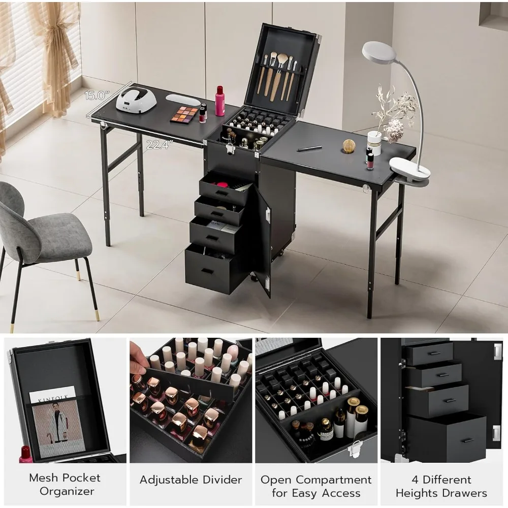 Manicure Table Makeup Station w/Speaker, Portable Nail Desk for Nail Teach, Foldable Traveling Nail Desk Organizer Cart