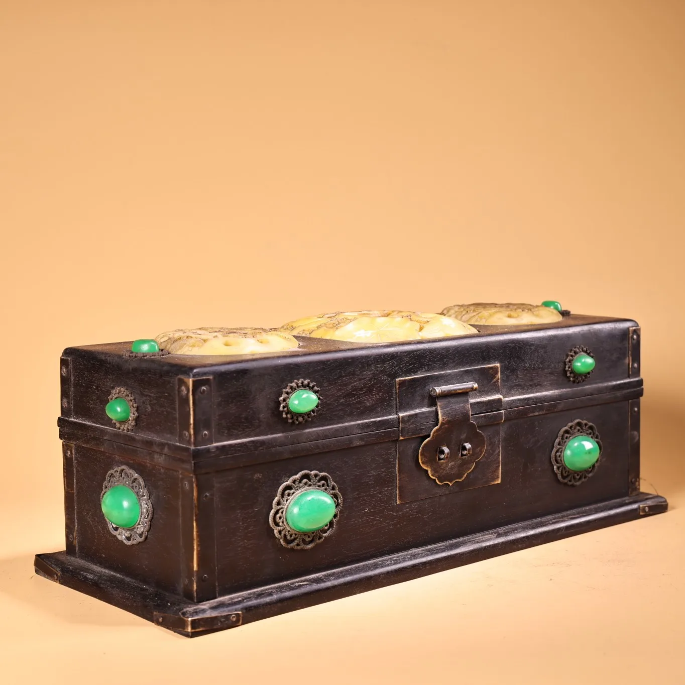 Old Ebony wood Mosaic Gem Yellow Jade Flower and bird patterns storage box Old Box Box jewelry box Amass wealth Ornaments