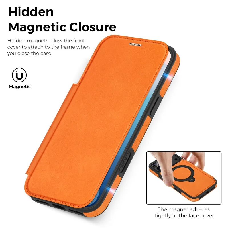 Etui z funkcją bezprzewodowego ładowania, z klapką, skórzane, z przegródkami na karty i podstawką, do iPhone 17 Air, 17 Pro Max, 16 Plus, 15 Pro Max, 14 Pro, 13, 12. — zdjęcie produktu 2