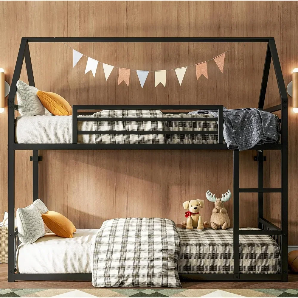 Bunk Beds Twin Over Twin, House Bunk Bed Frame with Ladder and Guardrail, House Shaped with Metal Slats Bunk Beds for Kids