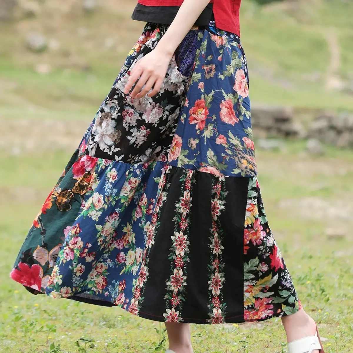 تنورة LZJN للسيدات صيفية مرقعة من القطن بنمط عرقي، خصر مرن، متعثرة، نصف تنورة مريحة، نمط عطلة الشاطئ #2