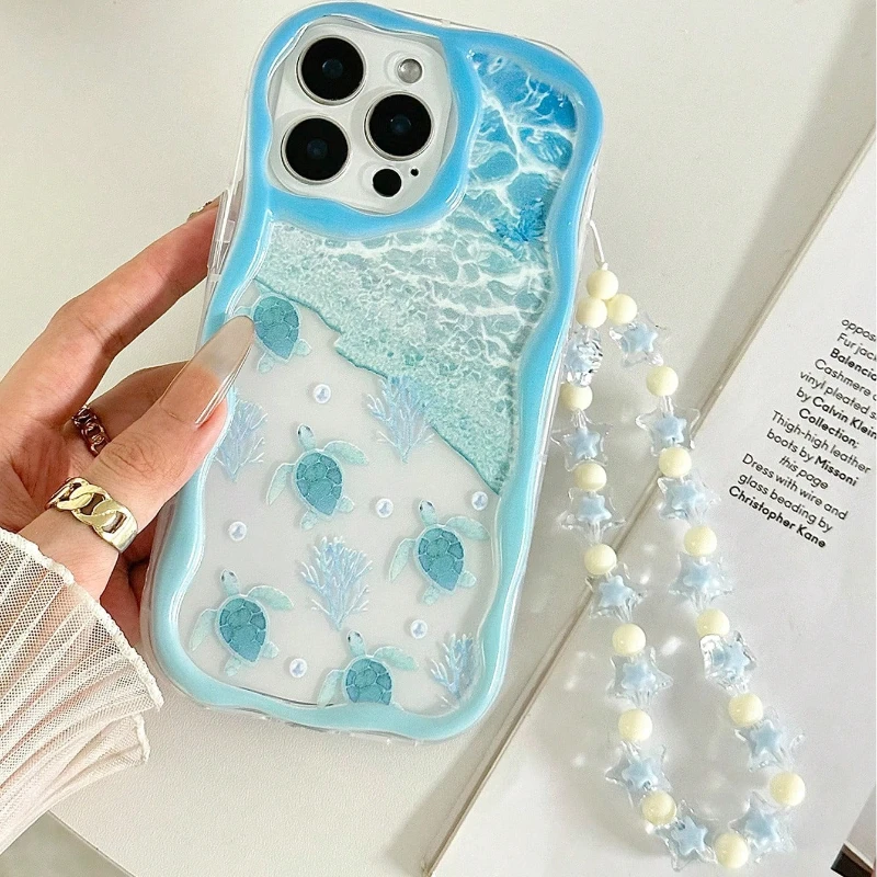 Funda de verano con tortuga y elementos marinos, borde ondulado para iPhone 17 16 15 14 13 12 11 Pro Max Plus 17E, clara con cuerda de cuentas, cubierta suave 2
